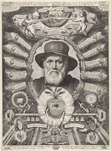 Dirck Volckertsz の肖像画。 寓話的なフレームの Coorndeer 作： Theodor Matham