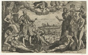 オレンジとアルバの比較、背景にスパニッシュ フューリー、1577 年頃 作： Theodor de Bry (attributed to)