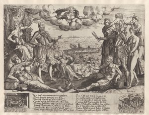 オレンジとアルバの比較、背景にスパニッシュ フューリー、1577 年頃 作： Theodor de Bry (attributed to)