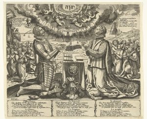 風景の中でひざまずくオレンジ公ウィリアムとブルボン公シャーロット 作： Theodor de Bry (attributed to)