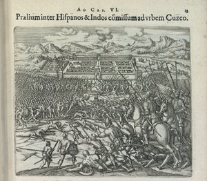 1596年、クスコの門前でのスペイン人とインディアンの戦い。 作： Theodor de Bry