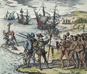 Desembarque de Colombo nas Índias. 1594 (xilogravura)