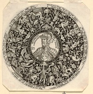 愚か者の司令官としてのアルバ公の肖像画が刻まれたタッツァのデザイン