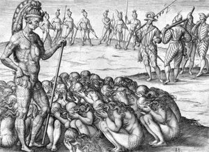 インディアンの捕虜、インディアンのポターノによるサトゥリワ 作： Theodor de Bry