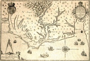 Mapa de 1590 gravado por Theodore de Bry após aquarela do colono inglês John White, governador de Roanoke. Virgínia e costa com pequenas ilhas e Roanoke na foz do rio. Terras nativas de Secotan e Weapemeoc. 作： Theodor de Bry