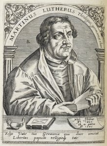 マルティン・ルター。 (1483-1546)。 ドイツの宗教改革者で宗教改革の創始者。 肖像画。 作： Theodor de Bry