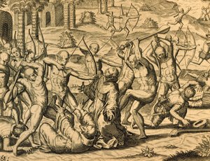 Theodor de Bry (1528-1598)、フランクフルトによる、南アメリカの宣教僧の殉教、Historia americae からの彫刻