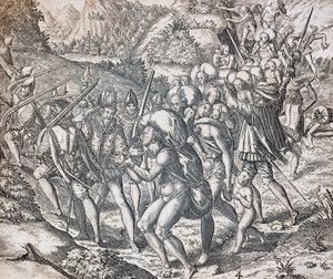セビリアで奴隷にされるために船に乗り込む原住民、テオドール・ド・ブライ（1528-1598）、アンティルによる彫刻