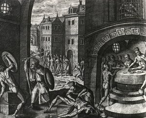 司祭は偽の戦いの犠牲者を殺し、その後皮をむく体、メキシコ、Peregrinationes からの彫刻、Theodor de Bry (1528-1598)、中央アメリカ 作： Theodor de Bry