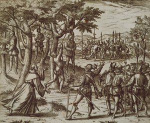 新世界でのクリストファー・コロンブスの何人かの男性の絞首刑への判決、セオドア・ド・ブライ画