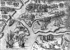 フランス遠征隊、フロリダ州ポート・ロイヤルに上陸 作： Theodor de Bry