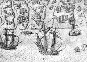 フランス人はフロリダ沿岸の6つの川を探検する 作： Theodor de Bry