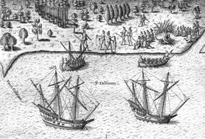 フランス人がフロリダ沿岸に上陸 作： Theodor de Bry