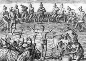 ティムクア・インディアンとフランス人探検家 作： Theodor de Bry