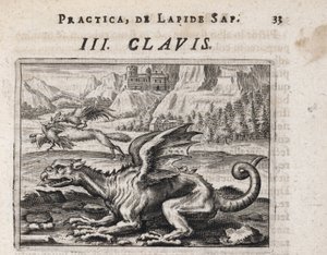 背景にあるドラゴン、オンドリに襲われた鶏を盗むオオカミ - Theodore de Bry (1528-1598) による彫刻、錬金術の論文「Tripus avreus、hoc est、Tres tractatus chymici selectissimi」、Michael Maier 作(1569-1622) 作： Theodor de Bry