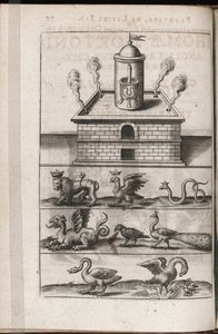 錬金術オーブンと錬金術の象徴的な動物 - Theodore de Bry (1528-1598) による彫刻、Michael Maier (1569 -1622) による錬金術論文「Tripus avreus, hoc est, Tres tractatus chymici selectissimi」