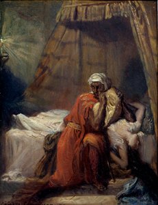 デスデモーネの死。ウィリアム・シェイクスピアの悲劇「オセロまたはベニスのムーア人」（Othello, the Moor of Venice）の挿絵（1604年）。テオドール・シャセリウ（1819 - 1856）の絵画