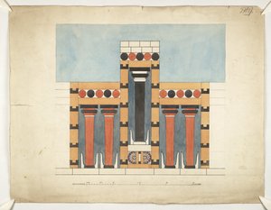 クノッソスのミノス宮殿の中央裁判所にある中央の三者神殿を再想像する絵画 (Evans Architectural Plans WW/15) 作： Theodore Fyfe