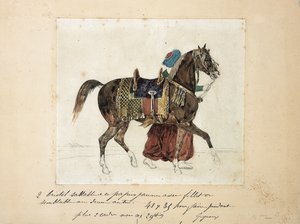 マムルークに率いられたハーネスをつけた馬、背景にある 2 つのピラミッド (紙に鉛筆と水彩) 作： Theodore Gericault