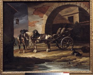 ワイン樽を積んだカートやハケット セオドア・ジェリコー（1791-1824）の絵画 1819年 薄暗い。0.6x0.73 m プロビデンスミュージアム・オブ・アート 作： Theodore Gericault
