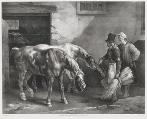 厩舎の入り口に立つ2頭の郵便馬（Two Post-Horses at a Stable Door）