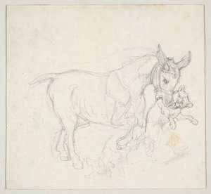口に犬をくわえたロバ（表）；犬に追われる鹿の習作、雌鹿の頭（裏） 作： Theodore Gericault