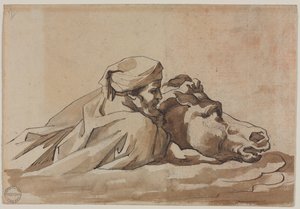 プッサンの「大洪水」の後、水中で馬を抱きしめる男 (直訳) 作： Theodore Gericault