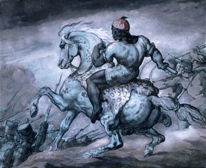 植民地戦争のシーン: 飼育馬に乗った黒人 作： Theodore Gericault
