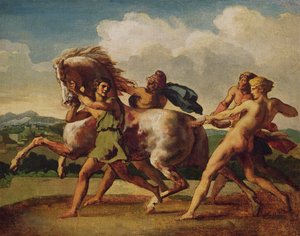 奴隷が馬を止め、「野蛮な馬の競争」のために研究、1817年 作： Theodore Gericault