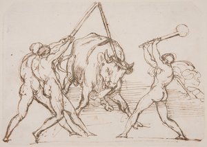 雄牛をからかう3人の男たち 作： Theodore Gericault