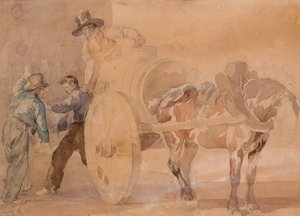 カートを降ろす3人の男性（紙に鉛筆の痕跡の上に水彩） 作： Theodore Gericault