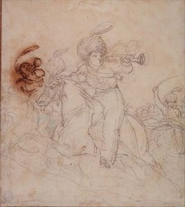 トランペットを吹く人たち（鉛筆、ペン、茶色のインク 作： Theodore Gericault