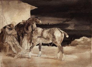 2頭の馬と眠っている花婿、c.1822-1823 作： Theodore Gericault