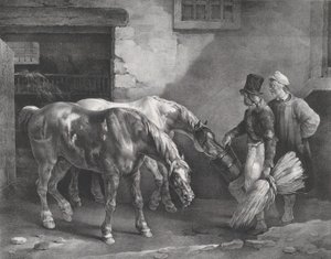 厩舎の入り口に立つ 2 頭の馬馬、1822 年。