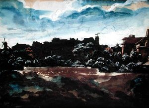 モンマルトルの丘の眺め（水彩画 作： Theodore Gericault