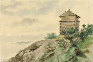 ブロックハウス、アラスカ、1887年。 作： Theodore J. Richardson