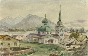 ギリシャ教会の後姿、シトカ、1888 年。