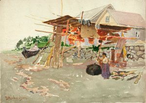 サーモンの乾燥、インディアン ビレッジ、アラスカ、カリフォルニア州。 1880～1914年。