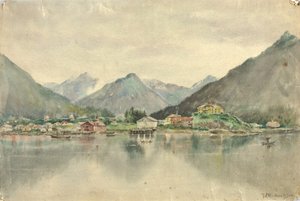 島から来たシトカ、ロシアの城を見せる、1888年。 作： Theodore J. Richardson