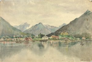 島々から見たシトカ、ロシア城を望む、1888年 作： セオドア・J・リチャードソン