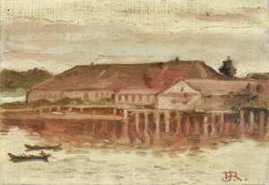 交易所と埠頭の建物、シトカ、夕方、カリフォルニア州。 1880～1914年。 作： Theodore J. Richardson