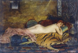 リクライニングしたヌード - テオドール・ジャック・ラリ（テオドロス・ラリ）（1852-1909）。木に油彩 寸法 : 24x35 cm 個人蔵
