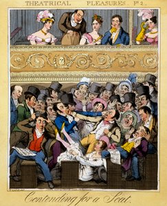 座を争う、「劇場の喜び」からのプレート2、1827年（手彩色の彫刻） 作： Theodore Lane