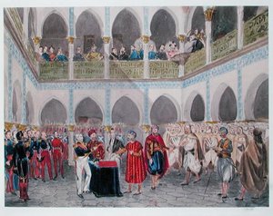 ベルトラン・クラウゼル伯爵（1772-1842）によるアルジェのベイの戴冠式 1835年（水彩・紙） 作： Theodore Leblanc