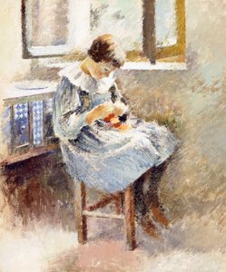 女の子の縫製、 作： Theodore Robinson