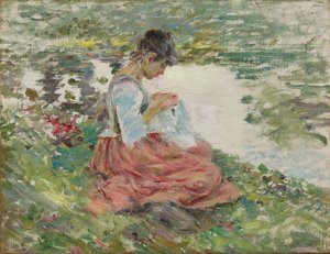 川で縫う少女、1891年 作： Theodore Robinson