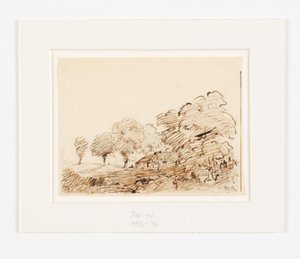 背の高い木々 の下の小屋のある風景 作： Theodore Rousseau