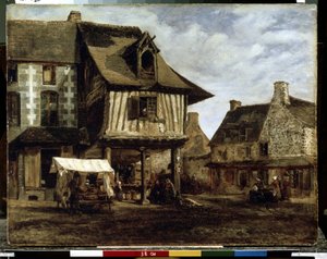 ノルマンディーの市場 (木骨造りの家) (ノルマンディーの市場)。 Theodore Rousseau (1812-1867) の絵画。 木に油彩、29.5 x 38 cm、1830 年頃。バルビゾンのフランス美術。 エルミタージュ美術館、サンクトペテルブルク。 作： Theodore Rousseau