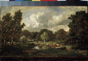 水飲み場の牛。 Theodore Rousseau (1812-1867) の絵画。 木に油彩 作： Theodore Rousseau