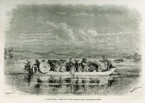 フエ（ベトナム）の川に浮かぶ船、Th.ウェーバーの絵。ウェーバーが描いたもので、1875年にフエ（アンナム王国）で行われた8日間の使節団の物語を、使節団に所属していた中尉（N）のブロッサール・ド・コルビニー氏が描いたもの。Le tour du monde」に掲載されている図版
